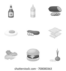 Rolls, cutlets, cheese, ketchup, salad, and other elements. Burgers and ingredients set collection icons in monochrome style vector symbol stock illustration web.