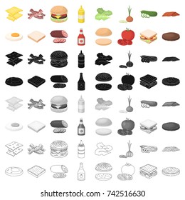 Rolls, cutlets, cheese, ketchup, salad, and other elements. Burgers and ingredients set collection icons in cartoon style vector symbol stock illustration web.