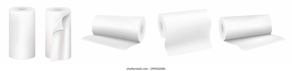 Rolls of disposable paper towels in different positions,  Isolated realistic 3D vector set isolated on white background. Assortment of toiletries. Disposable personal hygiene products. 