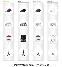 Rolls of fabric, tricolor, bicycle, French cafe, Eiffel Tower. France set collection icons in cartoon black monochrome outline style vector symbol stock illustration web.