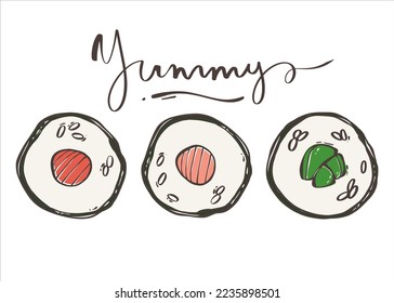 Rolls with fish and cucumber and the inscription yummy. Asian food. Japanese rolls with seafood and rice. Logo for the brand. Vector illustration for any design.