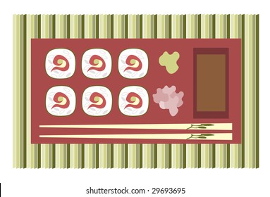 Rolls with ginger, mustard and soy sauce on tray