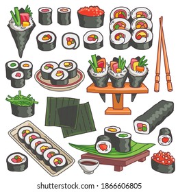 Rolls, korean gimbap, japanese sushi, temaki and gunkan cartoon vector set. Food illustration isolated on white background.