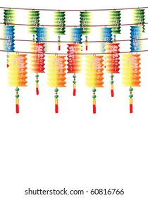 Rolls of multi-color chinese lanterns, background on white