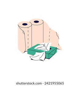 Rolls of paper towel. Wet tissue box. Packaging of napkins. Hygienic sick nose cleaner tool. Toiletries. Toilet accessories, kitchen supplies. Flat isolated vector illustration on white background