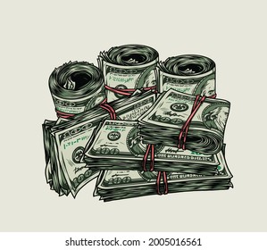 Rolls and stacks of dollar banknotes in vintage style isolated vector illustration