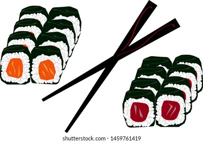 Rolls and sticks for rolls. Rolls with tuna and salmon. Vector graphics.