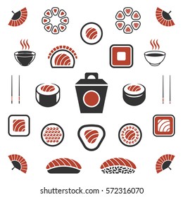 Rolls and Sushi Icons, Japan Restaurant Symbols, Food Silhouettes good for logos and badges vector illustration.