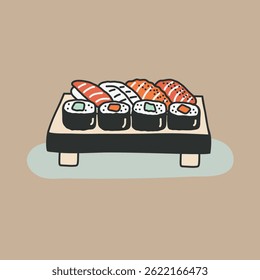 rolls and sushi on wooden tray, vector illustration in flat style