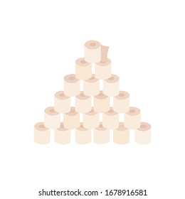 A lot of rolls of toilet paper laid out in a pyramid. Flat vector hand drawn isolated illustration.