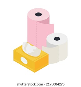 Rolls of toilet paper towels and box of napkins 3d isometric icon vector illustration