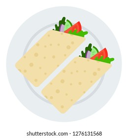 Rolls of vegetarian shawarma with tomatoes, arugula, zucchini, cucumber and onion on plate top view. Vegetables roll in a pita vector flat icon isolated on white