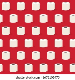 Rolls of white toilet paper on a red background. Vector flat pattern