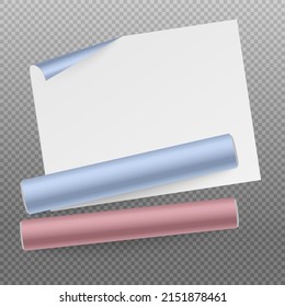 Rolls of wraps or wallpaper colored on one side, realistic vector illustration isolated on transparent background. Blank gift wrapping paper rolls template.