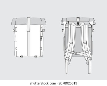 roll-top backpack, front and back, drawing technical flat sketches of garments with vector illustration.