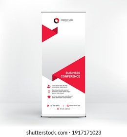 Roll-up advertising banner design, modern graphic flat style, creative red background