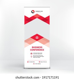 Roll-up advertising banner design, modern graphic flat style, creative red background