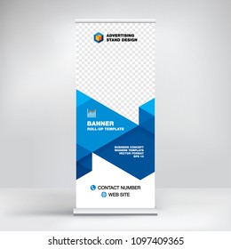 Roll-up, advertising banner template, stand for presentations, exhibitions, promotional products, conferences, seminars, photo placement, text, geometric blue background