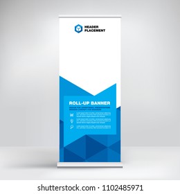 Roll-up, advertising banner template, stand for presentations, exhibitions, promotional products, conferences, seminars, photo placement, text, stylish geometric blue background