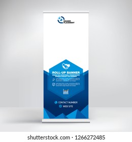 Roll-up, advertising banner template, stand for presentations, exhibitions, promotional products, conferences, seminars, photo placement, text, geometric blue background