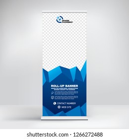Roll-up, advertising banner template, stand for presentations, exhibitions, promotional products, conferences, seminars, photo placement, text, geometric blue background