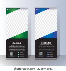 RollUp Baner, Ständer-Template-Broschüre Flyer Banner Design-Vorlage Vektorgrafik, abstrakter Hintergrund, moderne x-Banner, Rechteck-Größe bunte ziehen-up-Design.