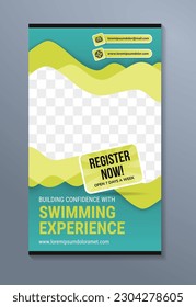 Roll-up banner to advertise swimming experience, various types of summer fun. combination green and blue colors. space for photo collage. vertical layout mockup.