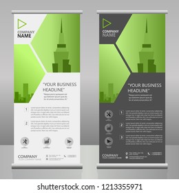 PLANTILLA DEL VECTOR DE NEGOCIOS DE LA BANDEJA DE ROLLUP CON UN PAPEL DE PARED DE LA CIUDAD VECTOR ( TEMA METÁLICO VERDE )