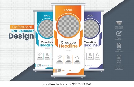 Rollup banner for corporate office, Store sign, product ads, business ad sign or promotional business. Colorful and  modern fantastic unique design idea.
And flag banner abstract graphic elements. 