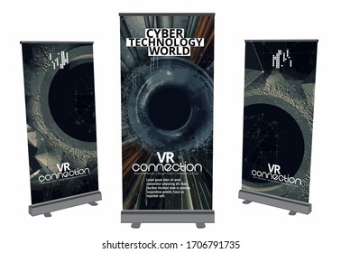 Roll-up-Banner-Design, abstraktes Technologiekonzept mit 3D-Rendering-Hintergrund