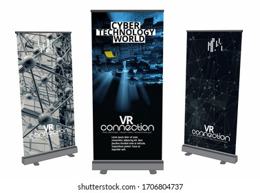 Roll-up banner design, abstract technology concept with 3D rendering background