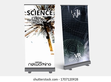 Roll-up banner design, abstract technology concept with 3D rendering background