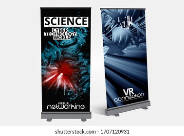 Roll-up banner design, abstract technology concept with 3D rendering background