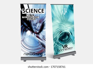 Roll-up-Banner-Design, abstraktes Technologiekonzept mit 3D-Rendering-Hintergrund
