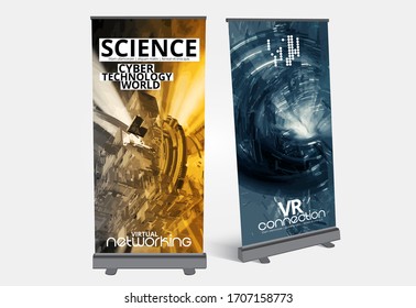 Roll-up-Banner-Design, abstraktes Technologiekonzept mit 3D-Rendering-Hintergrund