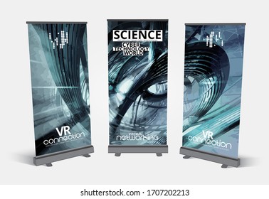 Roll-up banner design, abstract technology concept with 3D rendering background