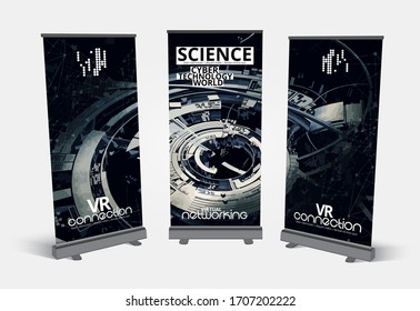Roll-up banner design, abstract technology concept with 3D rendering background