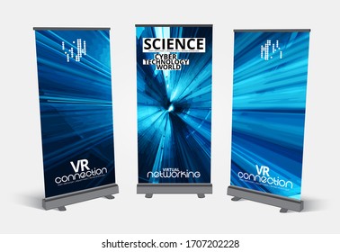 Roll-up banner design, abstract technology concept with 3D rendering background
