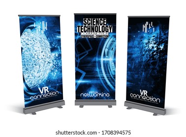 Roll-up banner design, abstract technology concept with 3D rendering background