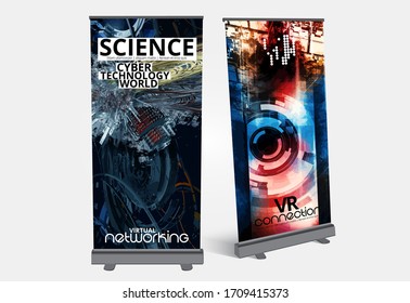 Roll-up banner design, abstract technology concept with 3D rendering background