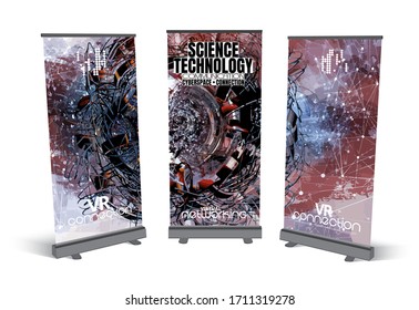 Roll-up banner design, abstract technology concept with 3D rendering background