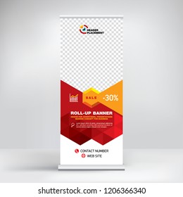 
Roll-up banner design, background for placing advertising information. Template for exhibitions, presentations, conferences, seminars, modern abstract style for the promotion of goods and services
