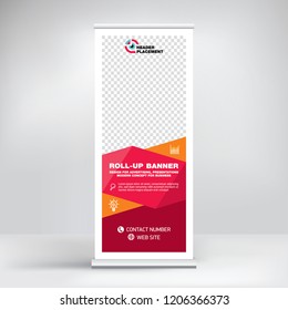 
Roll-up banner design, background for placing advertising information. Template for exhibitions, presentations, conferences, seminars, modern abstract style for the promotion of goods and services
