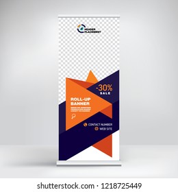 Roll-up banner design, background for placing advertising information. Template for exhibitions, presentations, conferences, seminars, modern abstract style for the promotion of goods and services
