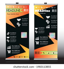 Rollup Banner Design With Black Fold Arts And White Letters, Super Black Abstract Rollup Design With  Vintage Colour Gradiant Background. With White Letters And Icons. Attractive And Promotional Art. 