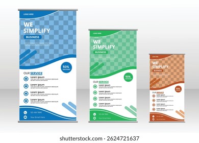 Roll-up banner design in blue and green for events, presentations, conferences, and meetings.
 vector, flyer, presentation, leaflet, j-flag, x-stand, exhibition display, social networks, talk bubble