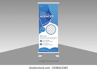 Roll-up banner design and business idea. A banner for a seminar, an exhibition roll-up, or a photo placement layout. Universal conference stand with a vector background for a promotional banner.