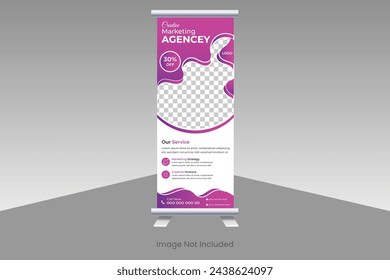 Roll-up banner design and business idea. A banner for a seminar, an exhibition roll-up, or a photo placement layout. Universal conference stand with a vector background for a promotional banner.