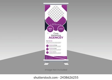 Roll-up banner design and business idea. A banner for a seminar, an exhibition roll-up, or a photo placement layout. Universal conference stand with a vector background for a promotional banner.