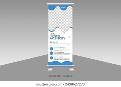 Roll-up banner design and business idea. A banner for a seminar, an exhibition roll-up, or a photo placement layout. Universal conference stand with a vector background for a promotional banner.